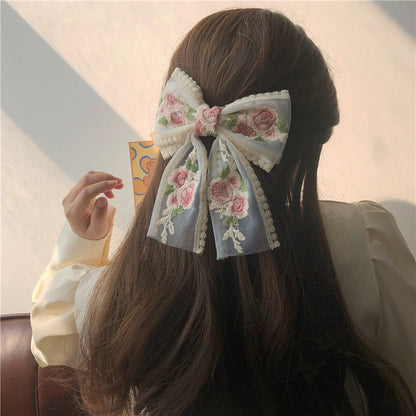 sengpan Retro Geometric Pink Rose Lace Ribbon Hairpin Korean Flower Embroidery Oversized Bow Spring Clip for Women Bridal Wedding