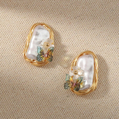 sengpan Christmas gifts ideas New Pearl Butterfly Earring Women Fashion French Hand woven Earrings Baroque Temperament Jewelry Women Creative Gift