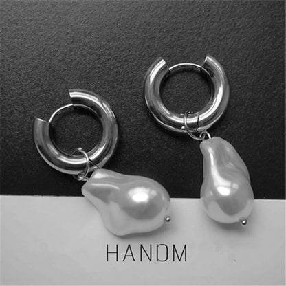 sengpan Stainless Steel Ear Clips Vintage Imitation Baroque Pearl Dangle Earrings Women Jewelry, Party Gift, Fashion