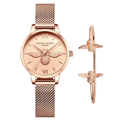 sengpan Christmas gifts ideas 1 Set Bracelet Watch Women Quartz Fashion Little Bee Dial Watches Waterproof Stainless Steel Mesh Band Ladies Wristwatch Gifts