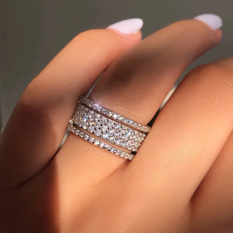 sengpan Elegant Silver Color Rhinestone Crystal Ring Wide Love Rings For Women Wedding Engagement Full Zircon Finger Rings Jewelry Gifts