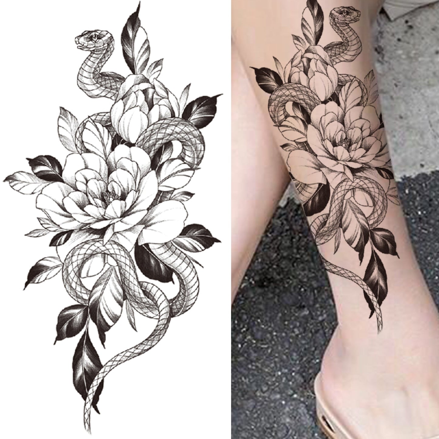 sengpan Black 3D Rose Temporary Tattoo For Women Girls Adult Peony Dahlia Flower Tattoos Sticker Black Flora Glory Geometric Arm Tatoos