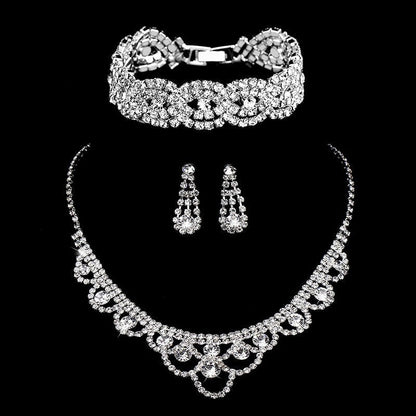 sengpan Silver Color Rhinestone Crystal Bridal Jewelry Sets for Women Necklace Earrings Bracelet Set Wedding Jewelry Accessories