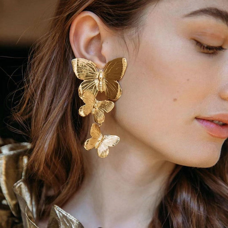 sengpan Cool Chunky Gold Color Butterfly Stud Earrings For Women Statement Earings