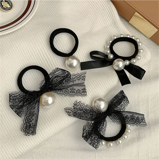 sengpan New Vintage Pearl Bow Headband Cute Black Rubber Band Lace Elasticity Head Rope for Women Girl Temperament Hair Accessories