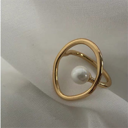 sengpan Handmade Simple Temperament Irregular Geometric Round Ring Copper-plated Pearl Ring for Women Gift Imitation Pearl Ring