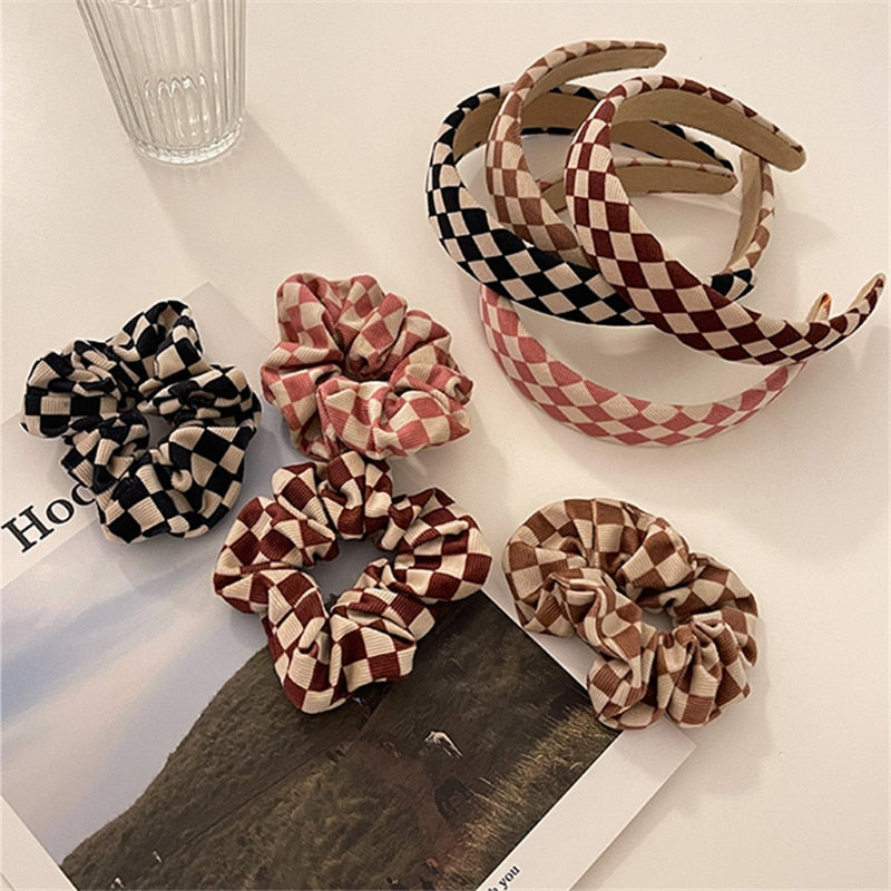 sengpan Retro Colorful Fabric Check Elasticity Hair Ring Irregular Geometric Matte Wide Headband for Women Party Accessories