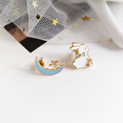 sengpan CHEISTMAS gifts for her New Fashion Moon Stars Rabbit Dangle Earrings For Women Flower Kitten Fishbone Crystal Pearl Asymmetrical Earring Party Jewelry