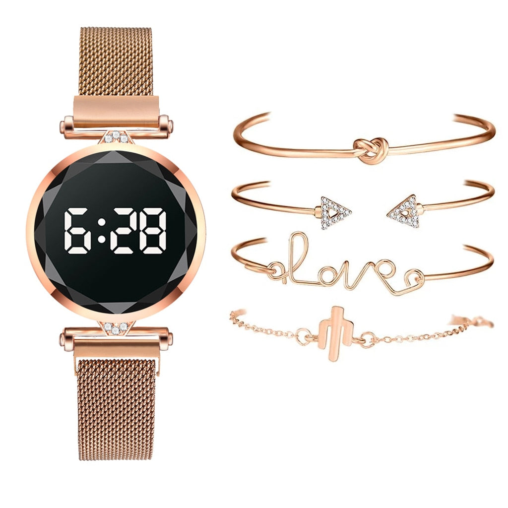 sengpan Christmas wishlist 5pcs Set Bracelet Watch Women Luxury Digital Magnet Rose Gold Stainless Steel Led Quartz Watches Relogio Feminino Dropshipping