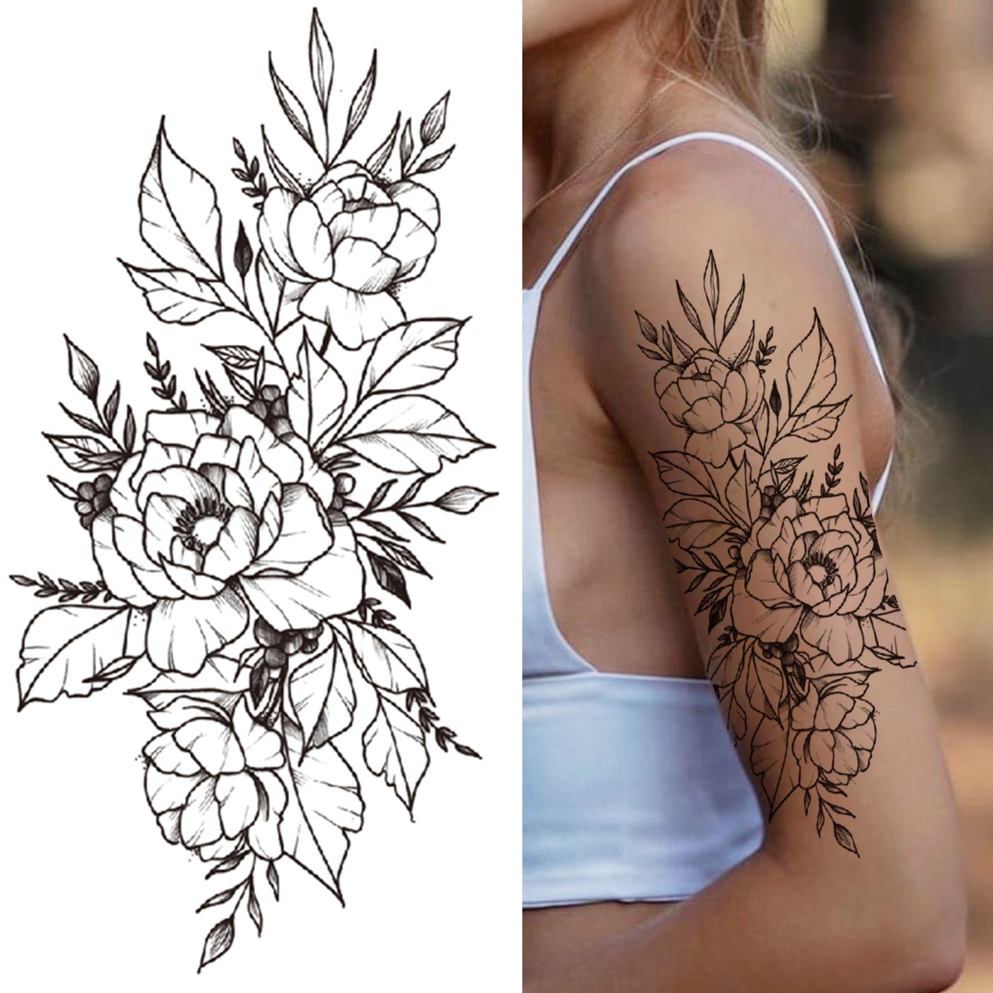 sengpan Black 3D Rose Temporary Tattoo For Women Girls Adult Peony Dahlia Flower Tattoos Sticker Black Flora Glory Geometric Arm Tatoos