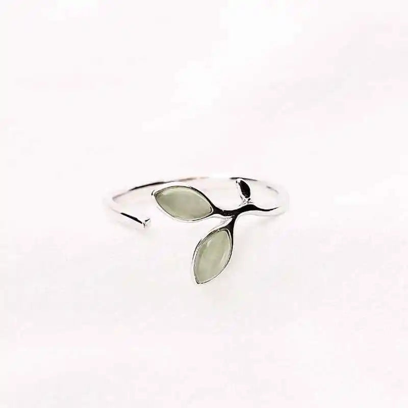 sengpan Hot Sale Korean Green Opal Leaf Leaves 925 Sterling Silver Open Rings for Women Girls Ladys Fashion Jewelry Gift YRI135