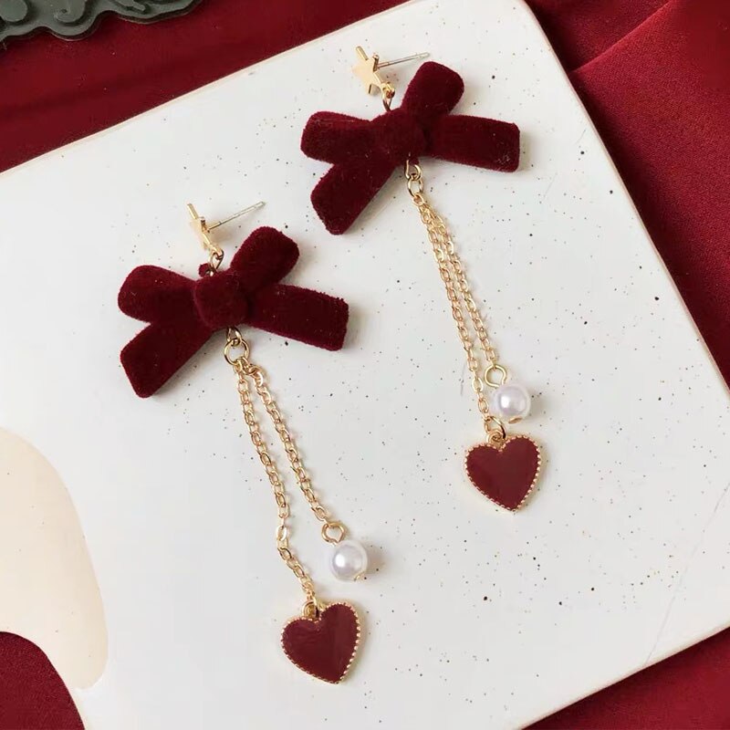 sengpan Christmas gifts ideas Red Style Charm Circle Pearl Drop Earrings Love Heart Bow Earrings For Women Girls Party Gift Korean Fashion Wedding Jewelry