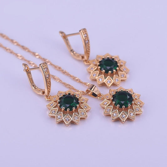 sengpan Risenj gold Bridal crystal Jewelry Sets Heart Green Cubic Zircon Earring Necklace chain Jewelry Sets for Women girls gift