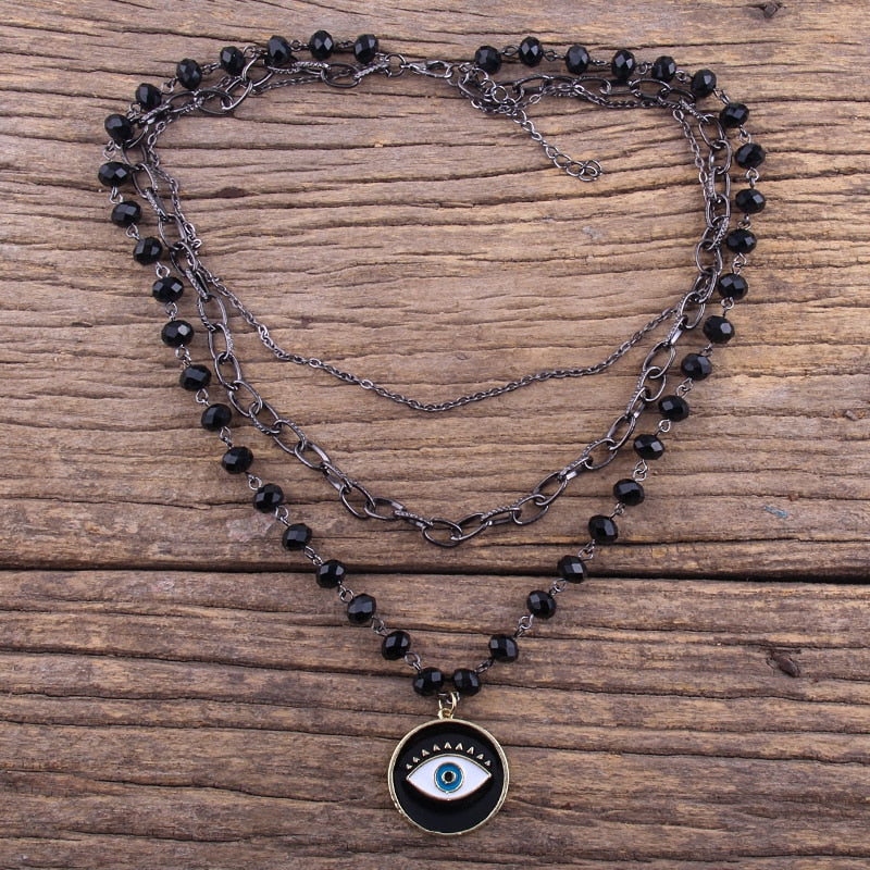 sengpan pearl necklace designs beaded necklace diy layered necklaces Fashion Bohemian Tribal Jewelry 3 Layer Multiple Black Glass Crystal Rosary Link & Chain Cross Pendant Necklaces