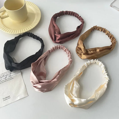 Lianfudai Satin Silk Solid Cross Top Knot Headband Elastic Hair Band Women Girls Scrunchies Hairband Turban Bandanas Hair Accessories New