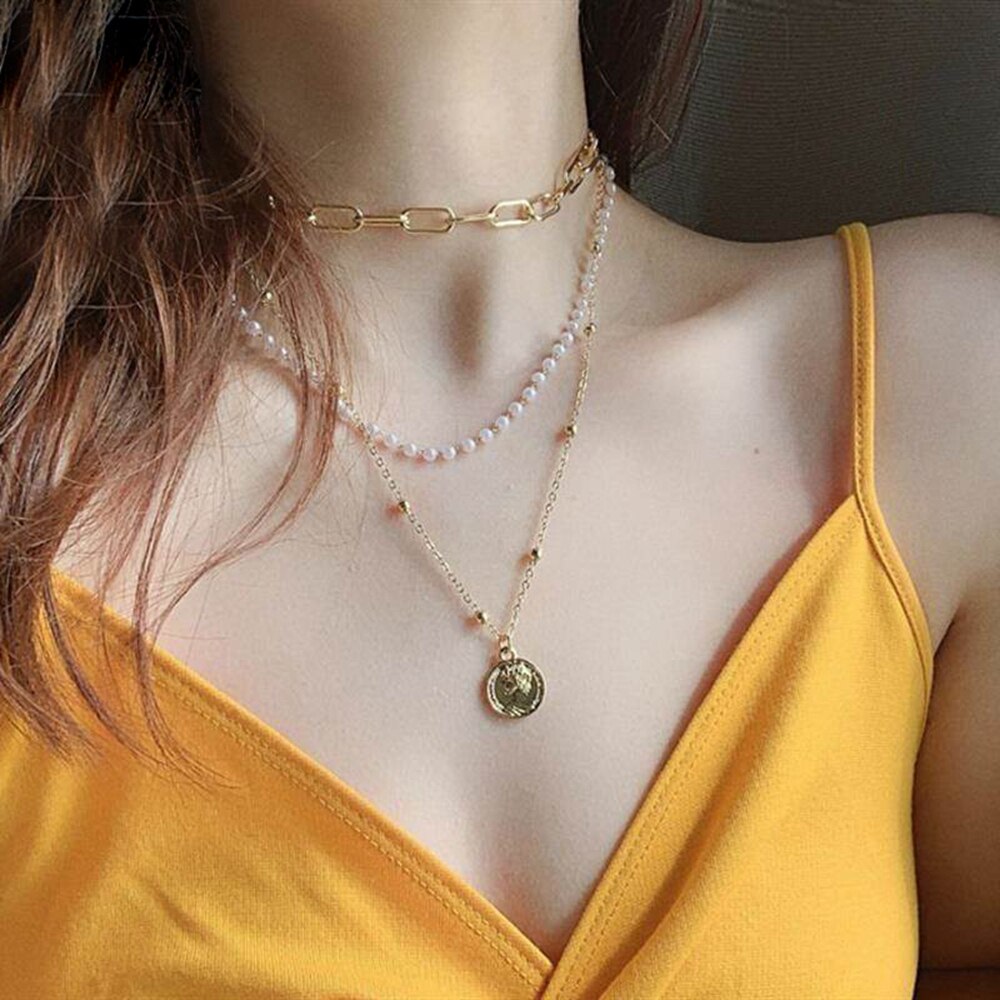 sengpan Vintage Multiayered Pearl Necklace For Women Fashion Golden Portrait Coin Pendant Thick Chain Necklaces Jewelry Gifts