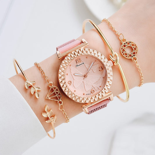 sengpan christmas wishlist valentines day gifts hot sale new Fashion 5pcs Set Bracelet Watch For Women Magnetic Buckle Butterfly Pattern Elegant Pink Ladies Wrist Watch Set Relogio Feminino