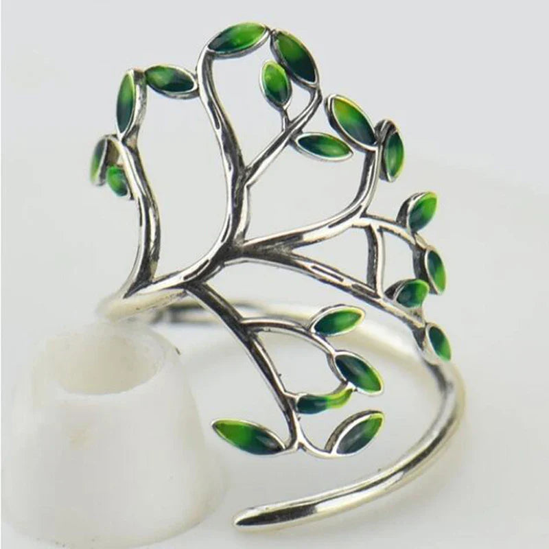 sengpan - Ladies Retro Tree of Life Plant Ring Fashion Personality Drop Oil Leaf Ring Jewelry Anniversary Gift