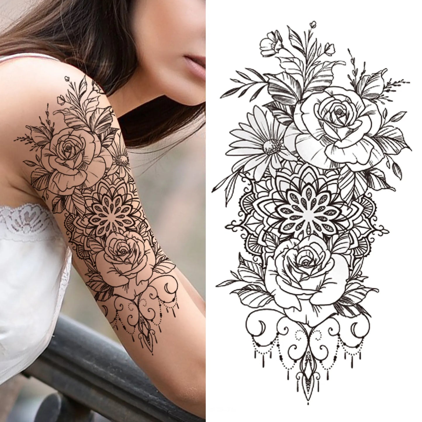 sengpan Death Skull Flower Temporary Tattoo For Women Girls Snake Bird Peony Tattoo Sticker Black Fake Blossom Sexy Tatoo Transfer Adult