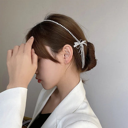 Lianfudai New Shiny Rhinestone Hairband Headband Bowknot Chain Tassel Hanging Hair Bands Accessories for Women Wedding Jewelry