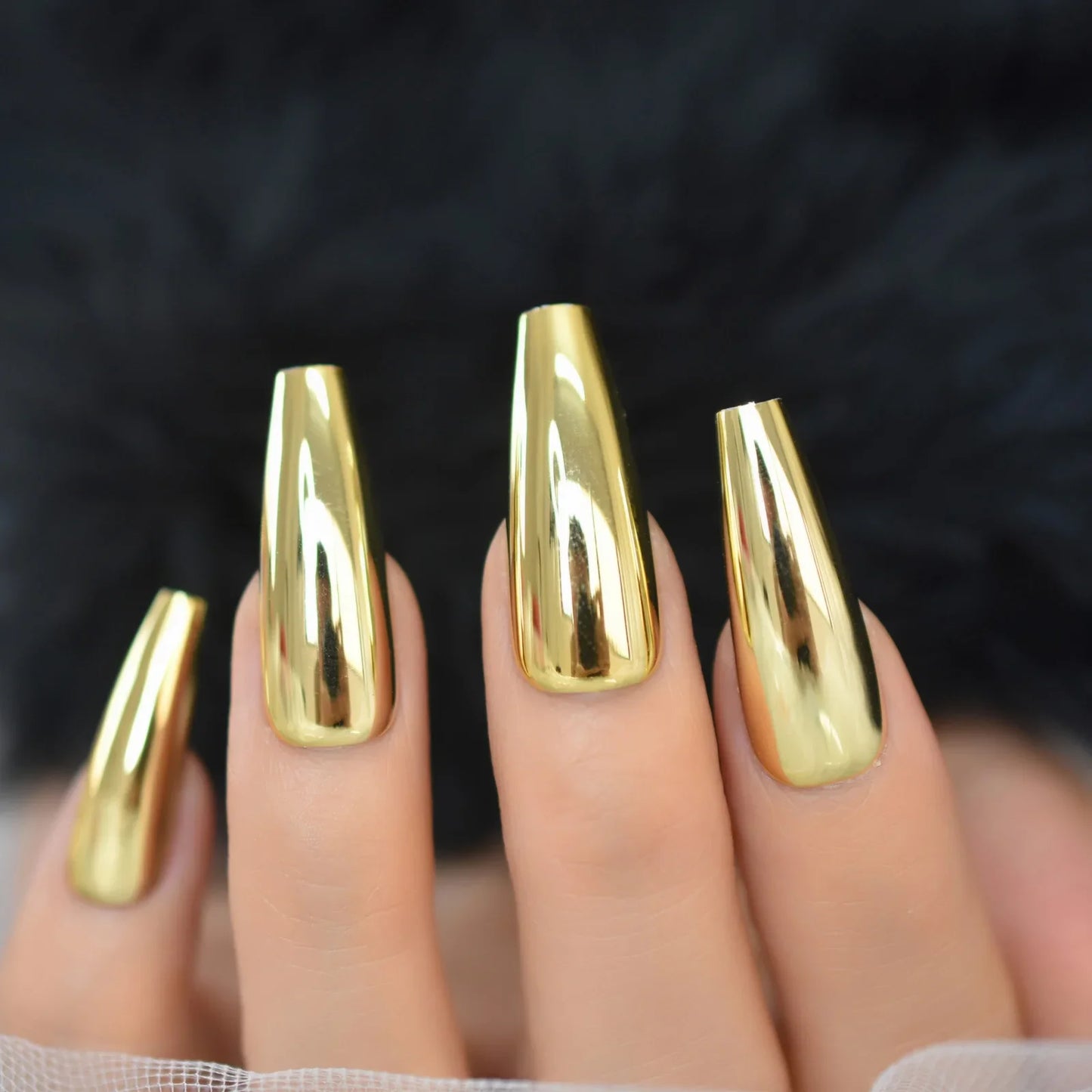 sengpan Metallic Coffin Nail Tips False Nails Long Ballerina Gold Mirror Fake Nails Press On Full Set For Fingernail Decorations