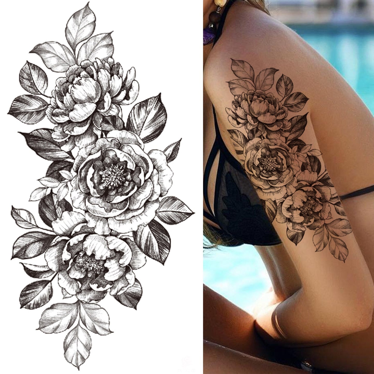 sengpan Black 3D Rose Temporary Tattoo For Women Girls Adult Peony Dahlia Flower Tattoos Sticker Black Flora Glory Geometric Arm Tatoos