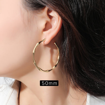 sengpan Golden Bamboo Brass Hoop Earrings For Women Large Circle Hoops C Shape Statement Earrings Unique Metal Jewelry