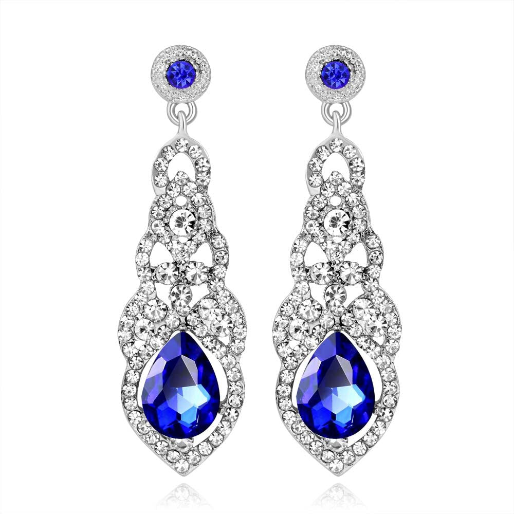 sengpan Clear/Red/Royal Blue Crystal Wedding Long Drop Earrings for Women Brides Earrings Prom Jewelry Gifts Femme Pendiente