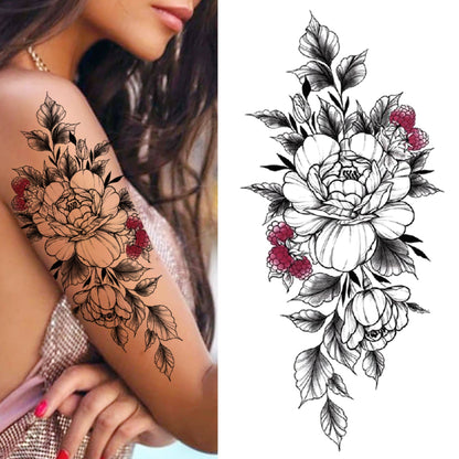 sengpan Lotus Flower Temporary Tattoo For Women Girls Snake Peony Lily Rose Chains Tattoos Sticker Black Blossom Fake Transferable Tatoo