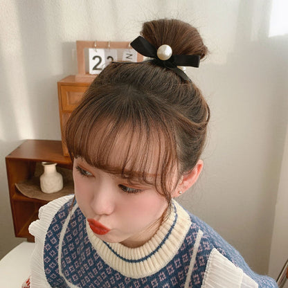 sengpan New Vintage Pearl Bow Headband Cute Black Rubber Band Lace Elasticity Head Rope for Women Girl Temperament Hair Accessories