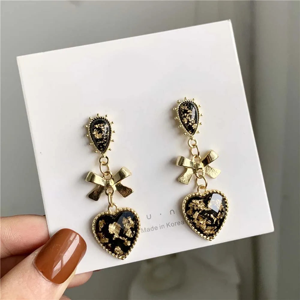 sengpan Bowknot Heart Resin Earrings Korean Classic Style Golden Peach Heart Stud Earrings For Woman Jewelry Valentine's Day present