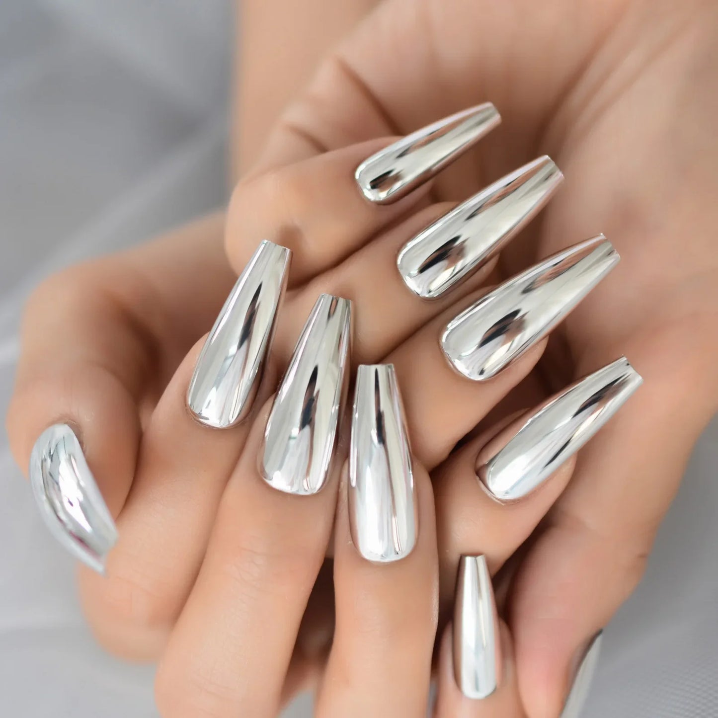 sengpan Silver Coffin Fake Nails Long Ballet Metallic False Nail Tips Solid Color Mirror Press On Nails Art Manicure At Home Salon Tools