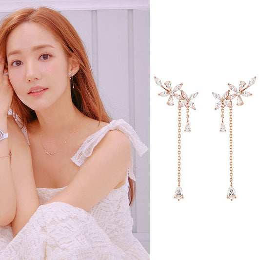 sengpan gifts for women  New Fashion Women Korean TV Star Cute Zircon Flower Drop Earrings Elegant Water Drop Long Line Pendientes Jewelry Girl Gifts