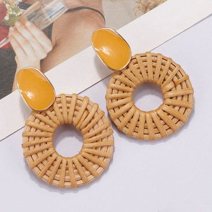 sengpan Multiple 27 Style Korea Handmade Wooden Straw Weave Rattan Vine Braid Drop Earrings New Fashion Geometric Long Earrings