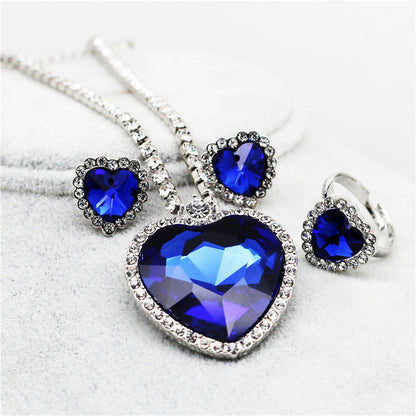 sengpan bridal jewelry set for wedding Heart of Ocean Blue Heart Love Forever Jewelry Set For Women Crystal Rhinestones Necklace Earrings Ring Bracelet Set