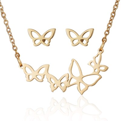 sengpan  gifts for women Stainless Steel Hollow Butterfly Pendent Necklace Earrings Set Gold Color Animal Jewelry Sets For Women Wedding Jewelry Gifts