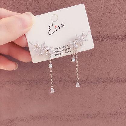 sengpan gifts for women  New Fashion Women Korean TV Star Cute Zircon Flower Drop Earrings Elegant Water Drop Long Line Pendientes Jewelry Girl Gifts