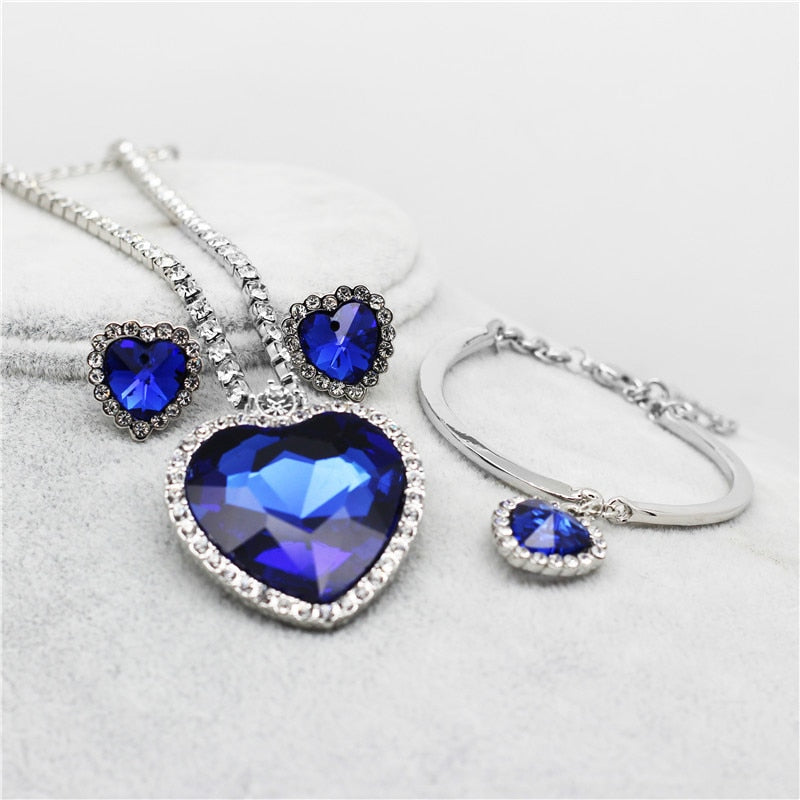 sengpan bridal jewelry set for wedding Heart of Ocean Blue Heart Love Forever Jewelry Set For Women Crystal Rhinestones Necklace Earrings Ring Bracelet Set