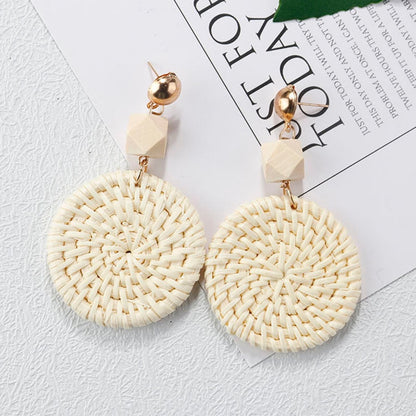 sengpan Multiple 27 Style Korea Handmade Wooden Straw Weave Rattan Vine Braid Drop Earrings New Fashion Geometric Long Earrings