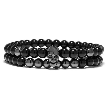 sengpan One Sets 6mm Black Energy Yoga Skull Charm Bracelet For Men Women Natural Stones Buddhist Strand Beads Bracelets Jewelry