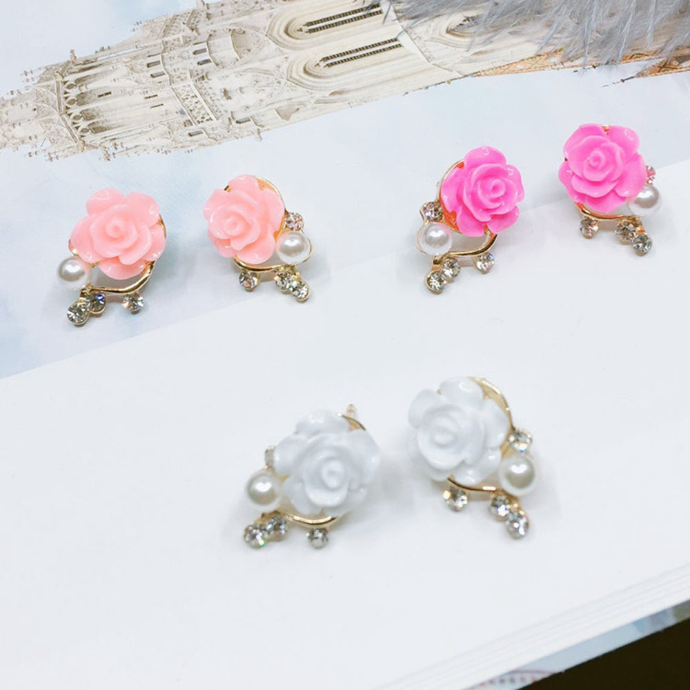 sengpan Korean Fashion Jewelry Exaggerated Earrings New Style Korean Women Ol Pink Rose Imitation Pearl Crystal Earrings Wholesale