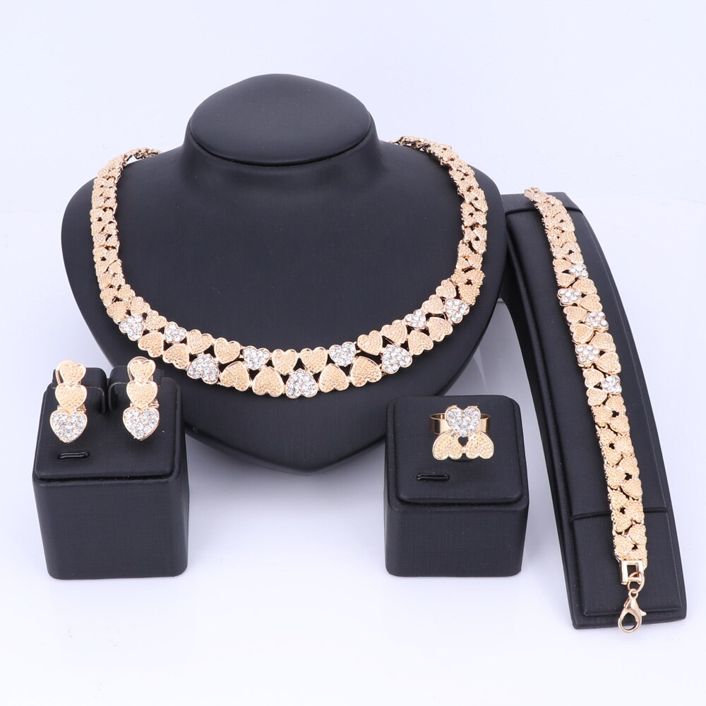 sengpan Gold Color Crystal Necklace Earrings Bracelet Ring Heart Shaped Sets For women Wedding Jewelry Bridal Charm