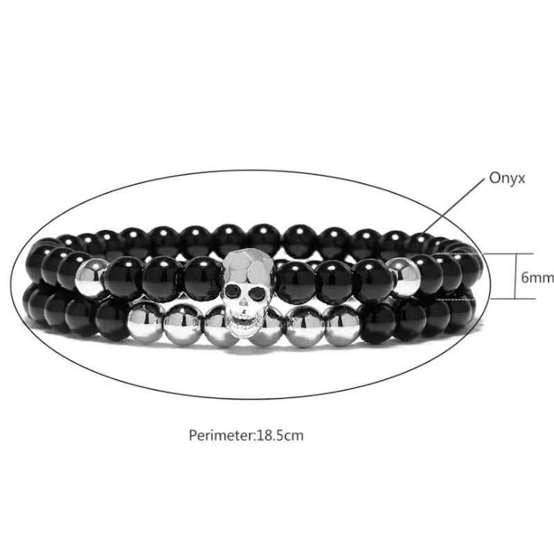 sengpan One Sets 6mm Black Energy Yoga Skull Charm Bracelet For Men Women Natural Stones Buddhist Strand Beads Bracelets Jewelry