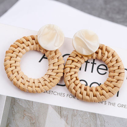 sengpan Multiple 27 Style Korea Handmade Wooden Straw Weave Rattan Vine Braid Drop Earrings New Fashion Geometric Long Earrings