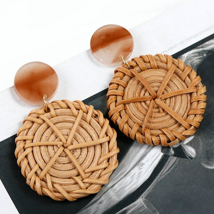 sengpan Multiple 27 Style Korea Handmade Wooden Straw Weave Rattan Vine Braid Drop Earrings New Fashion Geometric Long Earrings