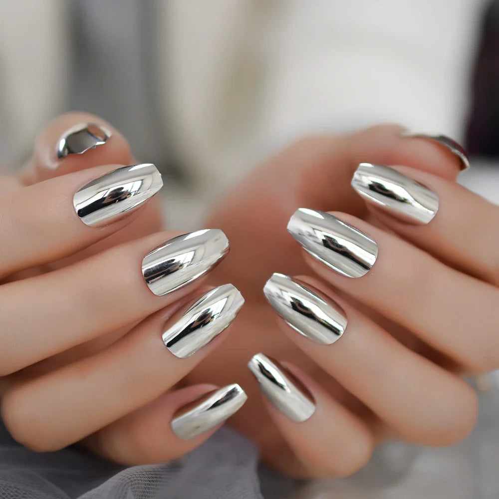 sengpan Bright Silver Artificial Mirror Nails Set Coffin Shaped Nail Metallic Chrome Acrylic Nail Kit with Adhesive Tabs