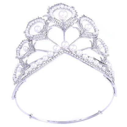 sengpan Women Big Round Shaped Tiara Crown Bridal Wedding Feather Shaped Beauty Hair Jewelry Girls Simulation Pearl Pageant Headpieces