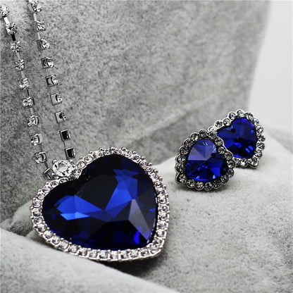 sengpan bridal jewelry set for wedding Heart of Ocean Blue Heart Love Forever Jewelry Set For Women Crystal Rhinestones Necklace Earrings Ring Bracelet Set