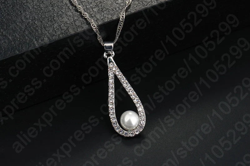 sengpan Real 925 Silver Needle Shiny CZ Crystal Water Drop Pearl Necklaces For Woman Fine Jewelry Wedding Earring Set Gift Hot