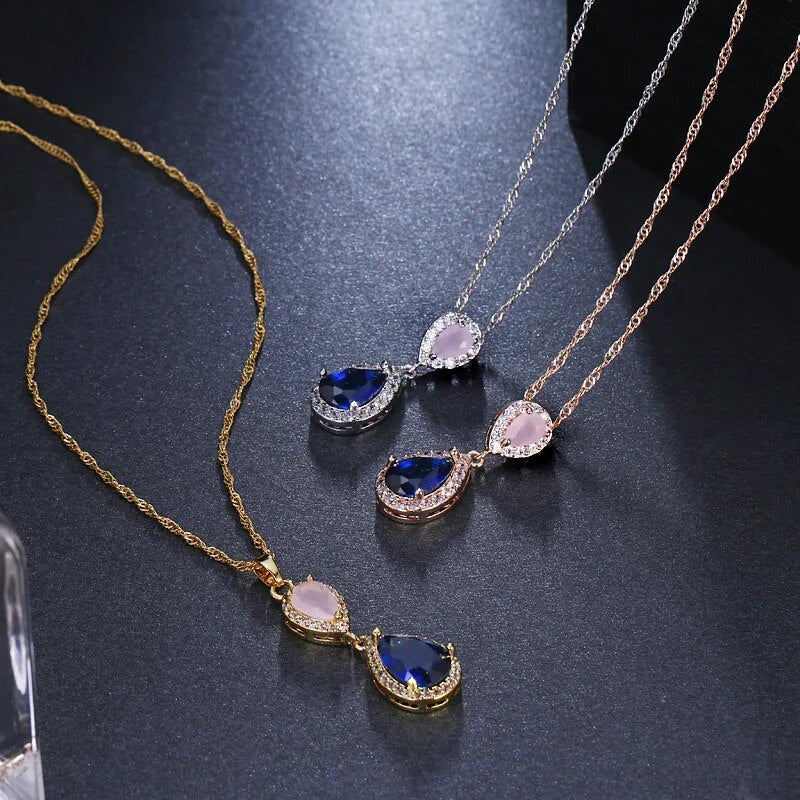 sengpan - New Hot sale Pink and Blue Fashion Zircon Necklaces & Dazzling Double Water Drop Shaped Pendant Necklace For Women Gift